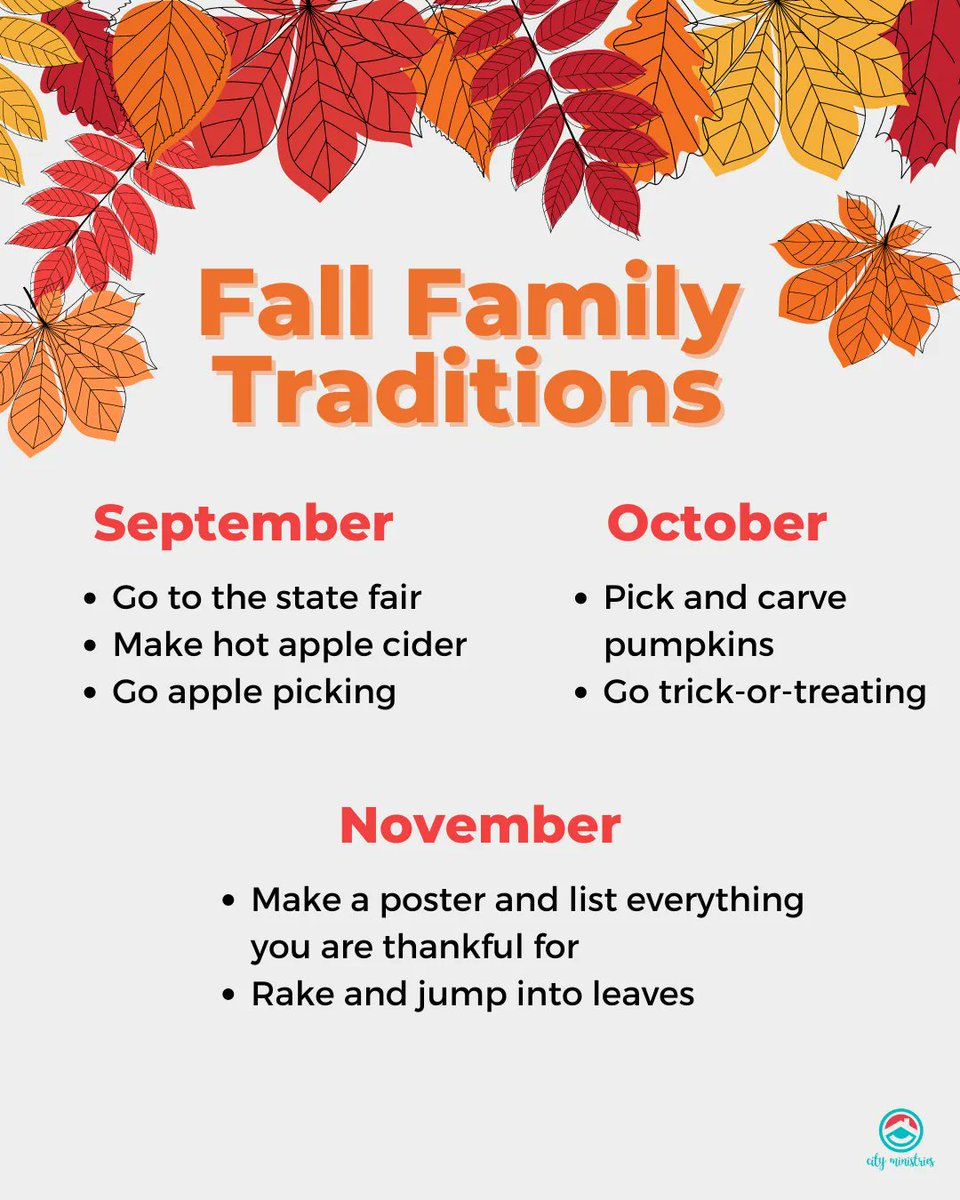 CityMinWA's tweet photo. Fall is such a fun time of year! The leaves are changing color, pumpkins are growing, and the weather is cooling off. It's a great time to create some traditions as a family! Here are a few ideas of traditions to start with your kids🎃 🍂 
#fallactivities #familytraditions https://t.co/pdcZ2iji0A