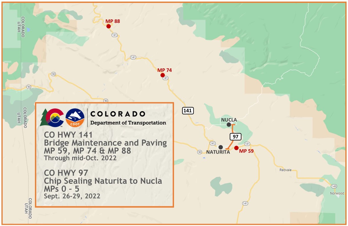 ColoradoDOT's tweet photo. #CDOT #News: Crews continue a bridge rehabilitation project along #CO141, between #Naturita &amp; #Gateway. Area maintenance patrols will also perform chip sealing operations along #CO97, from #Naturita to #Nucla. 
 📰:https://t.co/STvKMFuFuB

#KnowBeforeYouGo #SlowfortheConeZone https://t.co/6Dxxa71Dh5