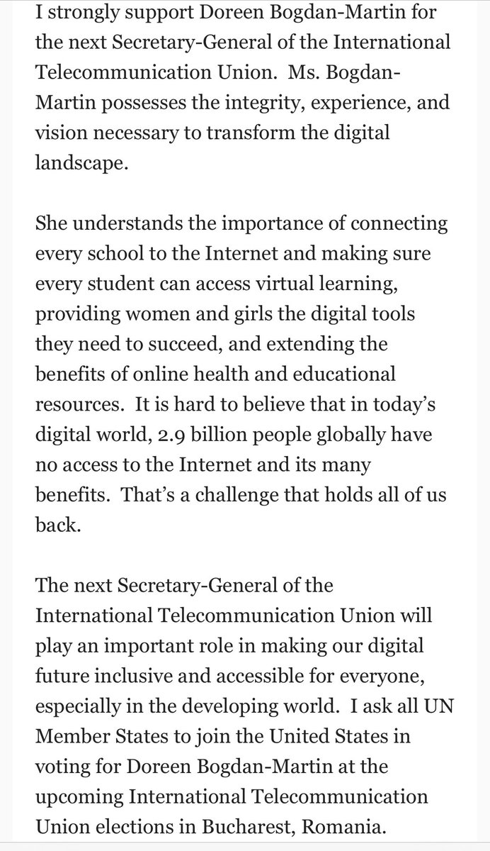 President Joe Biden calls on all UN member states to support Doreen Bogdan-Martin for Secretary-General of the International Telecommunication Union