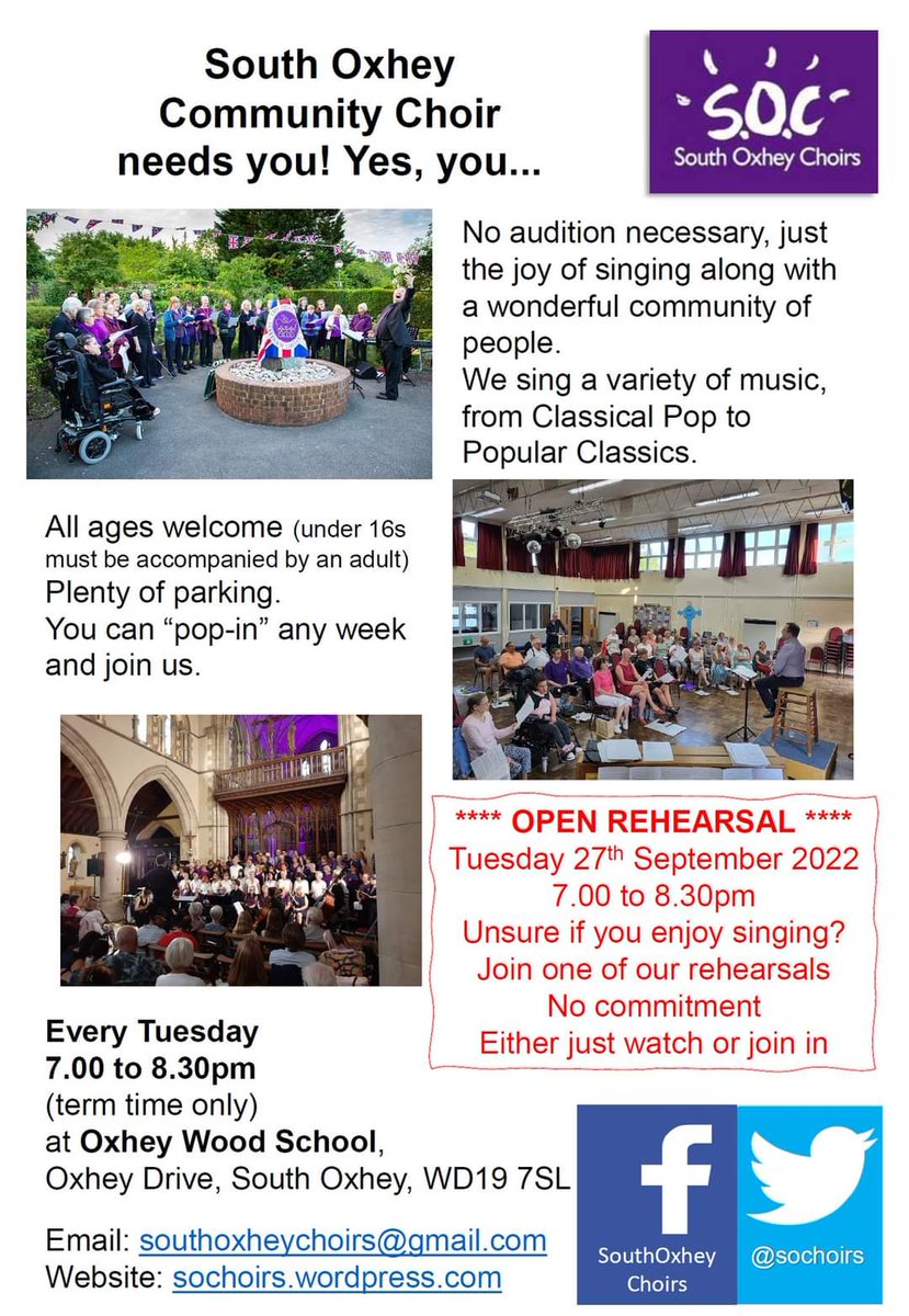 SOChoirs's tweet image. We're holding an open rehearsal on Tuesday 27th September. 
All are welcome, come along anytime from 6:30pm ready for a 7pm start. No singing experience neccessary.