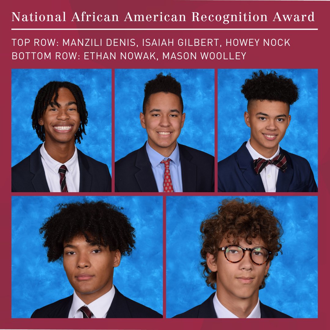 UnivSchool's tweet photo. Manzili Denis '24, Isaiah Gilbert '24, Howey Nock '23, Ethan Nowak '23, and Mason Woolley '24 are recipients of the College Board’s National African American Recognition Award! Congratulations! https://t.co/f5bpOZkNWO