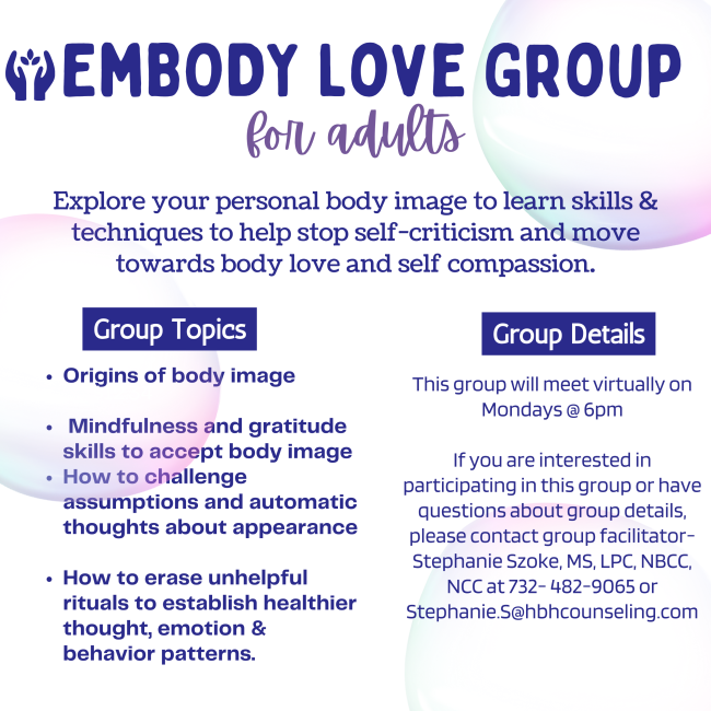 HBHCounseling's tweet photo. Embody Love Group has 4 open spots! If you struggle with intense self-criticism related to your body or appearance, this group is for you! Call 732-477-0862 or complete form at the link below!
https://t.co/DeTcKTbJzF 
#bodypositivity #grouptherapy #selflove #therapyrocks https://t.co/mBK2RPHuWu
