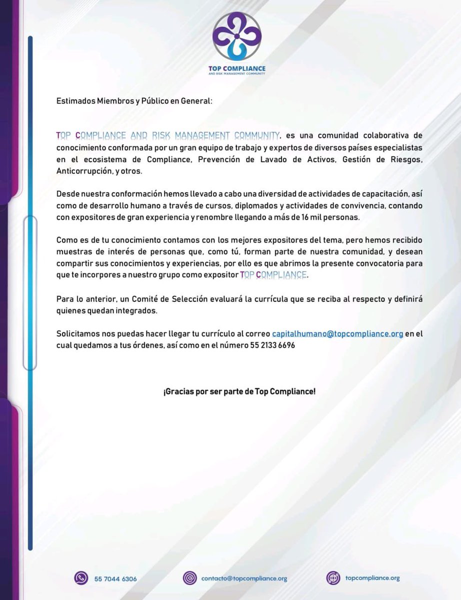 _TopCompliance's tweet photo. 🚨¡Forma parte del staff de expositores de Top Compliance y comparte tu conocimiento y experiencia!🚨
Estamos conformando el mejor equipo de expertos de latinoamerica y te invitamos a sumarte.
Envíanos tu currículo a: capitalhumano@topcompliance.org
#TopCompliance #Compliance https://t.co/pNdGwVjueK