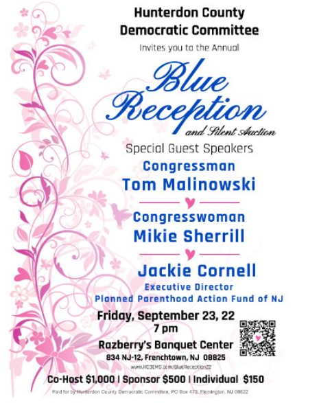 DemsOfHunterdon's tweet photo. Join us Friday at our Blue Reception - Special Guests Rep Tom Malinowski, Rep Mikie Sherrill &amp; Jackie Cornell from  Planned Parenthood Action Fund NJ... RSVP &amp; Tix at: https://t.co/yU8exK2aPo https://t.co/Hewcy4Ac5I