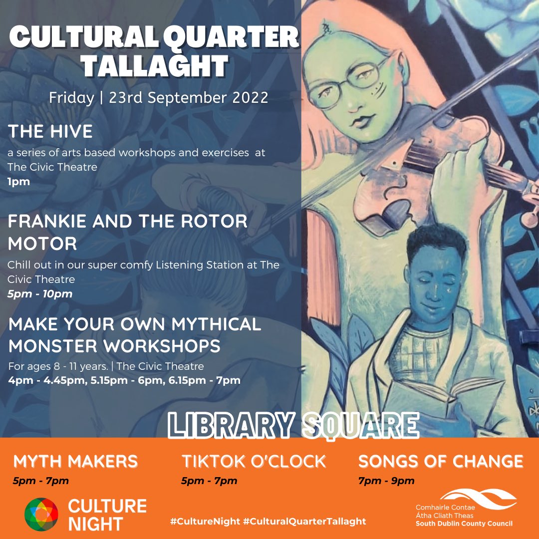 Join us in #CulturalQuarterTallaght  for Culture Night 2022! 

💥Friday 23rd September 2022💥

Dance, Visual Arts, Music, Workshops, Exhibits and so much more for all ages! 
🩰🎙🎨🎭🥁

<a href="/RuaRed/">Rua Red</a> <a href="/civictheatre/">The Civic</a> @SDCClibraries <a href="/NOISEMusic3/">NOISEMusic</a> 
#CultureNight <a href="/sdublincoco/">SDCC</a> <a href="/CultureNight/">Culture Night</a>