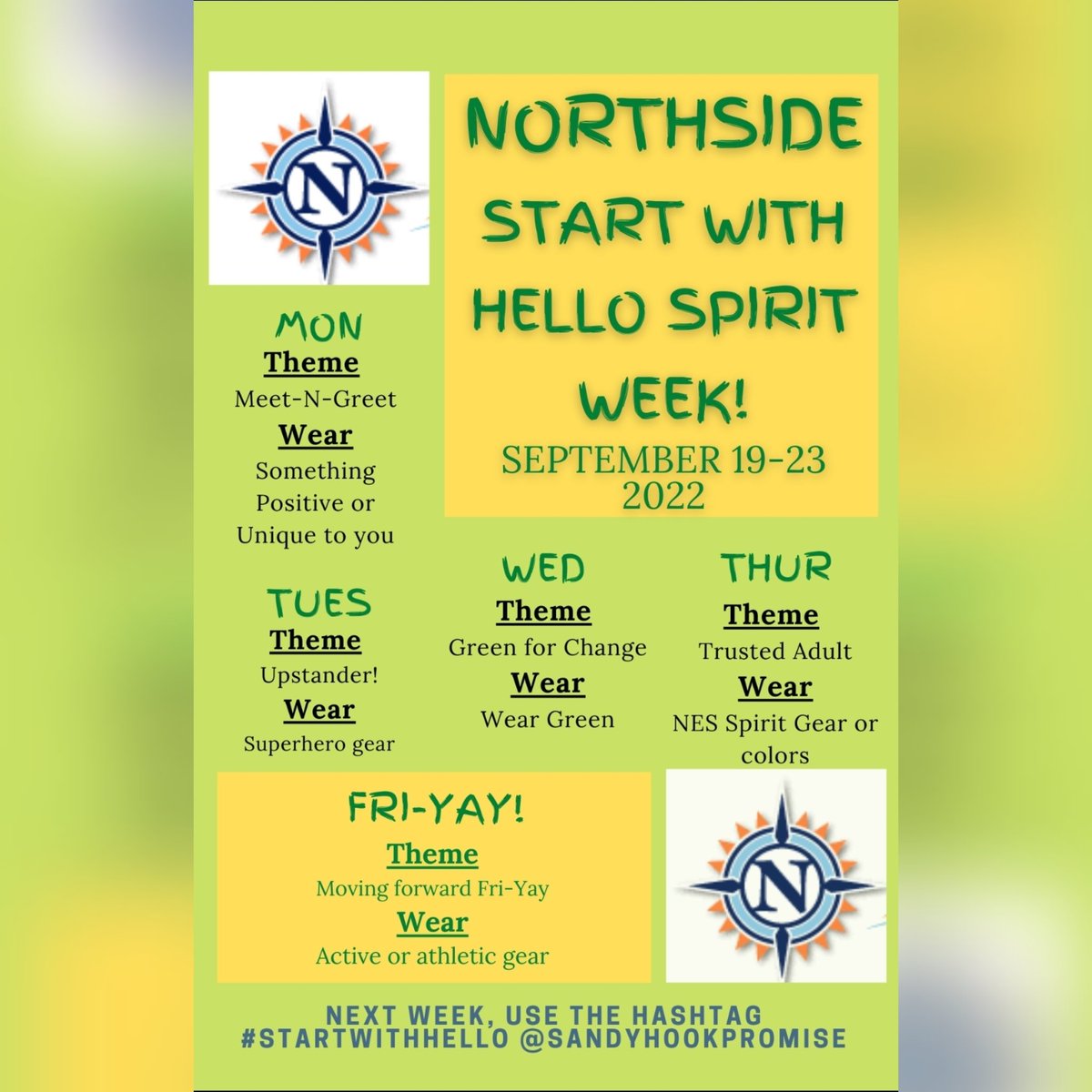 NESAPKJones's tweet photo. It's #StartWithHelloWeek & @NorthsideES is showing our support with Spirit Week! Day 1: Meet & Greet Monday. Wear something that represents you in a positive, special, & unique way! #SandyHookPromise @chccs #APKlife🧡💙🧡 @CHCCS_Leaders @BarryGarrett @KatColeReads https://t.co/WjoIMtMbfx