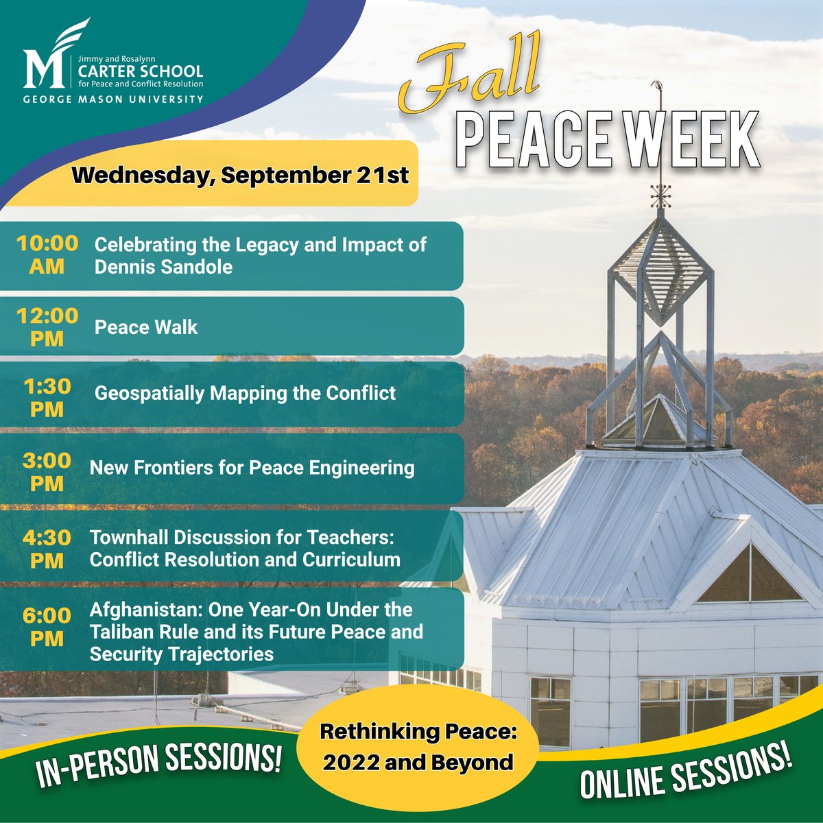 GMUCarterSchool's tweet photo. Join us tomorrow for the third day of #CarterSchoolPeaceWeek! Wednesday's events will begin at 10:00am at Point of View Retreat Center Celebrating the Legacy and Impact of Dennis Sandole.
Register Now >> https://t.co/ksd993MtQG
#MasonNation #Peace #GMUCarterSchool https://t.co/aDAiIY0j5M