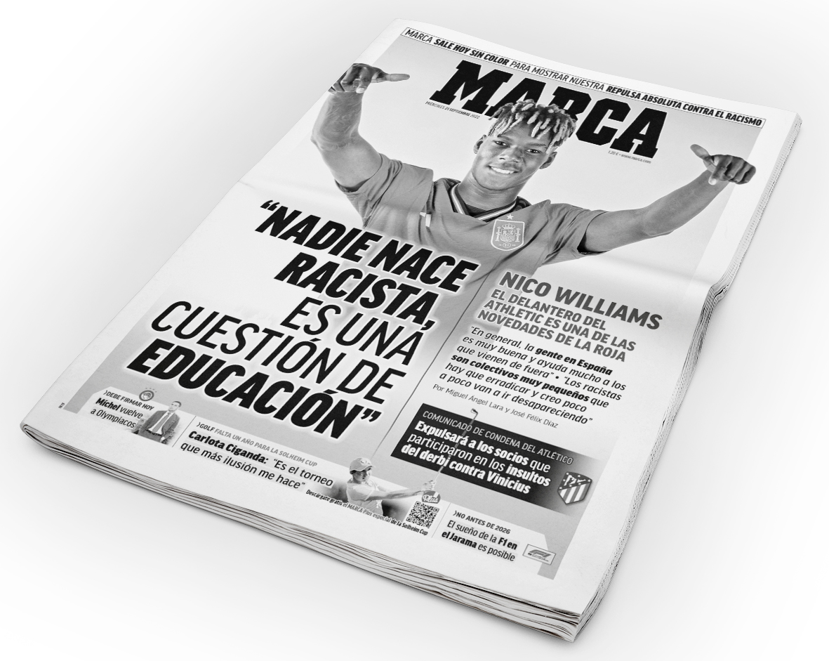 jahervash's tweet photo. La portada de mañana, 21 de septiembre
[ #Marca sale hoy #sincolor para mostrar nuestra repulsa absoluta contra el #racismo ]

#Portada #FrontPage #LaPortada #Capa #DiseñoGráfico @LaLiga @ChampionsLeague @vinijr
 @AthleticClub @willliamsssnico https://t.co/cubaJp5rNI