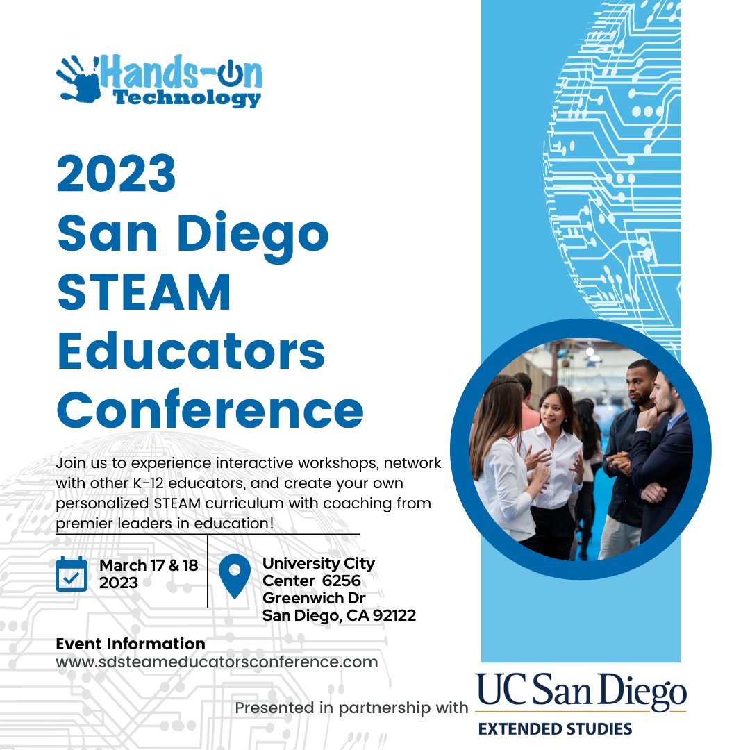 SDstemecosystem's tweet photo. Check out the 2023 San Diego STEAM Educators Conference! Registration is open now! Light breakfast, lunch, and parking included. More info at: https://t.co/4pDQVzUQlW. #steam #ucsdextendedstudies #sandiego #sandiegosteam #sandiegoeducation #sandiegoparents #sdstemecosystem https://t.co/cfOqvcQrO9
