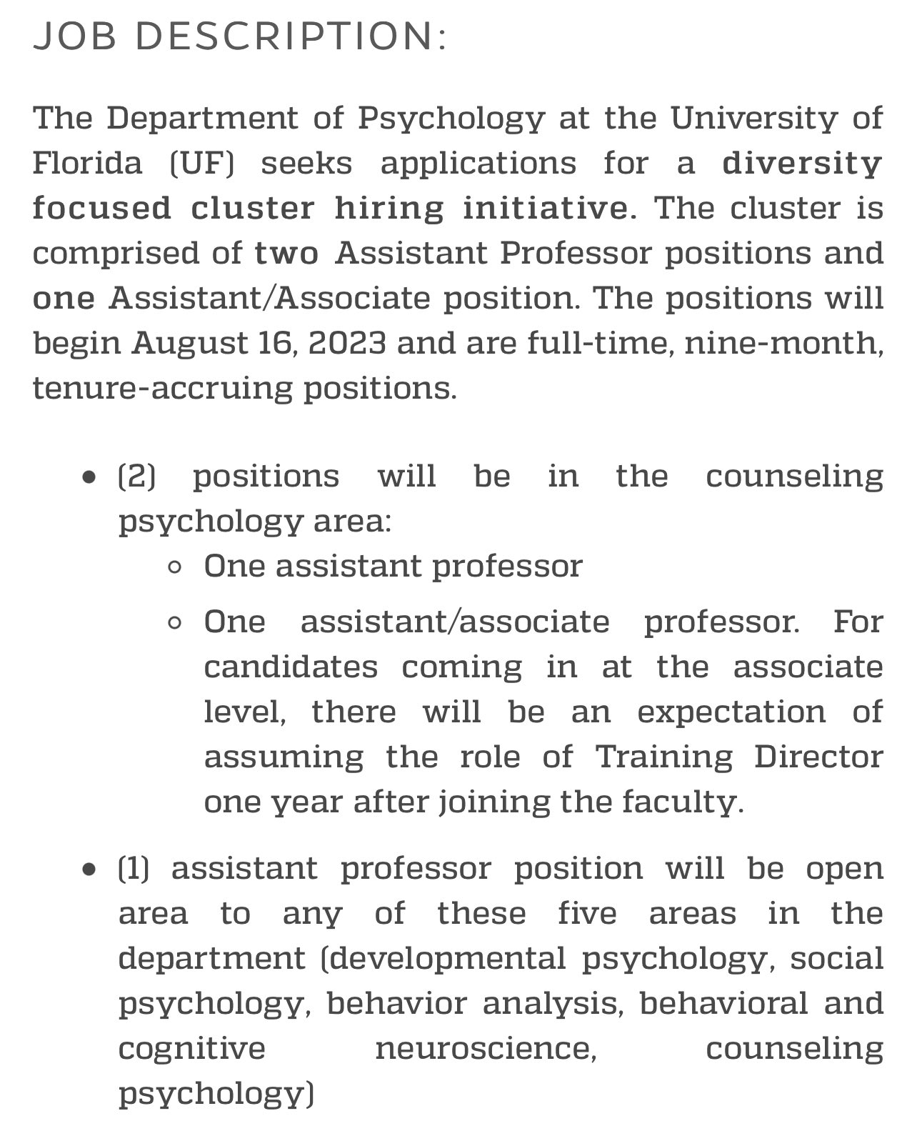 Erin Westgate on Twitter: "📣 I am super-excited to announce Florida is  hiring! We are conducting a diversity cluster hire in psychology: 2  positions in counseling AND 1 open-area (including social!!). Please