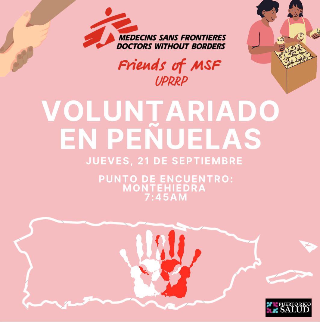FriendsMSFuprrp's tweet photo. ¡Saludos! 

Este jueves, 22 de septiembre tendremos un #Voluntariado en Peñuelas junto a @puertoricosalud, para ayudar a las personas afectadas por el #HuracánFiona. ⛈️ https://t.co/D1vaCMfHOu