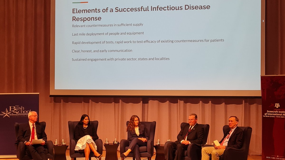 TAMUOneHealth's tweet photo. Last night's Monkeypox Expert Panel Discussion was great. The recording will be available in a week or so; we will share the link. (right to left: Dr. Gerald Parker, Dr. Syrah Madad, Dr. Jennifer Shuford, Dr. Robert Carpenter, Dr. Robert Kadlec -- presenting here) https://t.co/LdkP9povc0