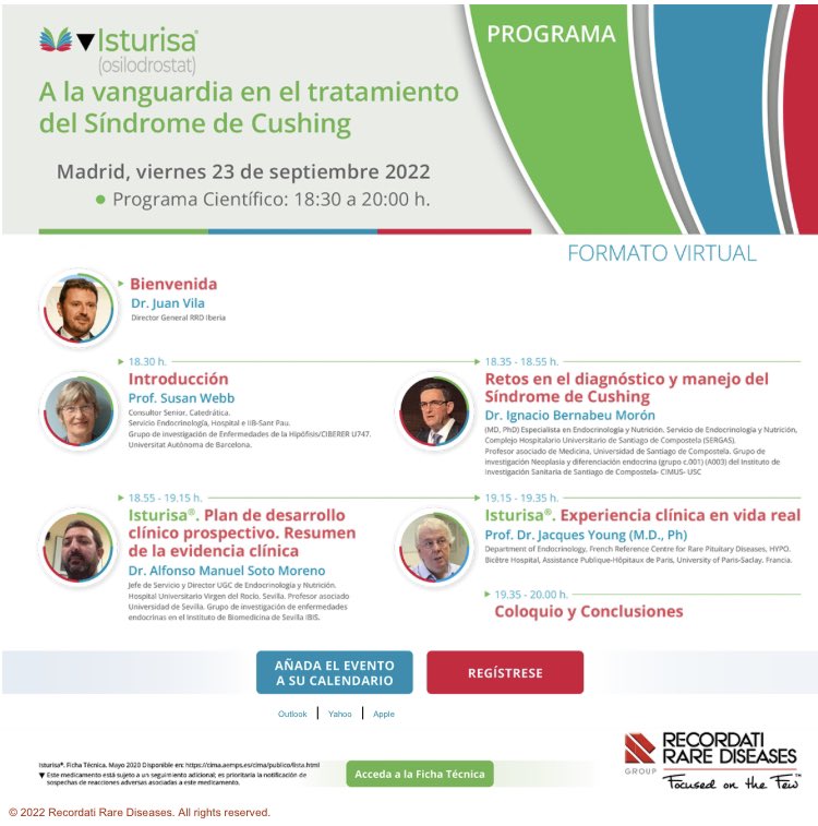 NeuroendocrinoS's tweet photo. A la vanguardia en el tratamiento del Síndrome de #Cushing

🗓23 de septiembre 2022
🕒 18:30 a 20:00 h.

Formato virtual 📲

Inscripción https://t.co/L9f5Tc68Ei

@RecordatiRareES @sociedadSEEN 
@IBernabeuM @alfonsosotoendo https://t.co/pW8Rna5Au0