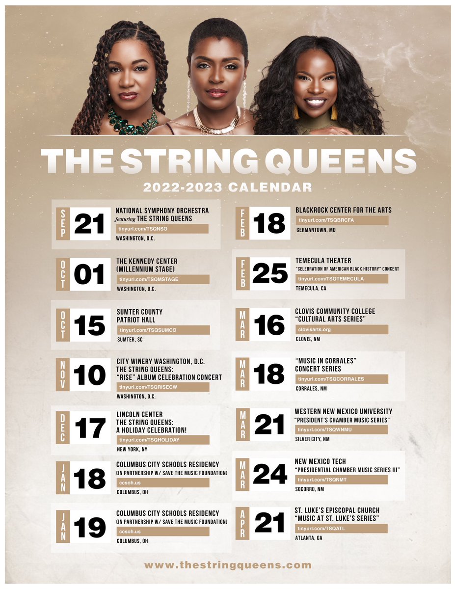 TheStringQueens's tweet photo. TSQ Friends, Family, and Fans:
We can't wait to see you at one of our upcoming concerts! ๐ป๐๐๐พ
Visit the links on the flyer to purchase tickets! ๐
#thestringqueens https://t.co/38TxDgSoeU