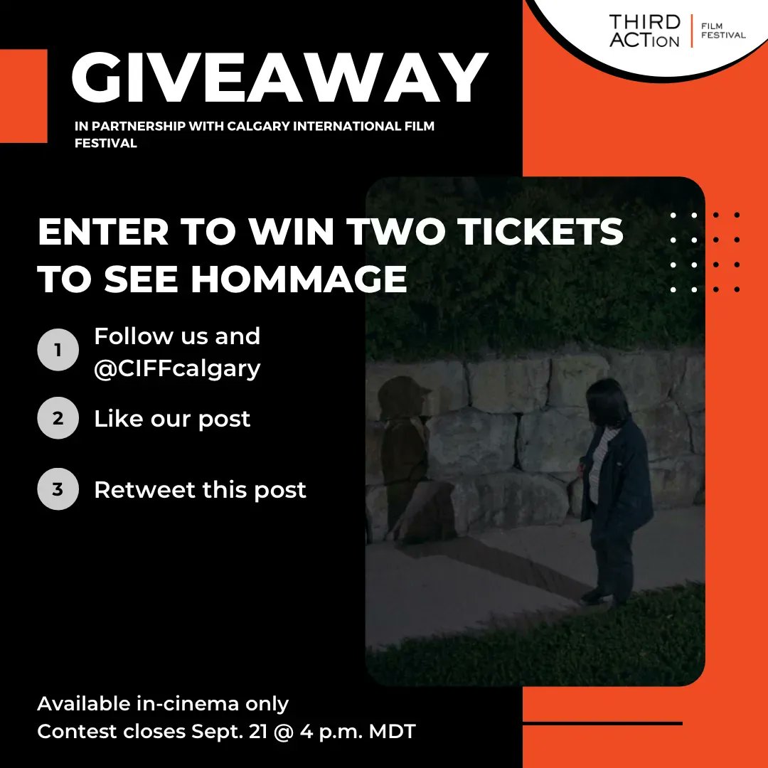 THIRDACTionfilm's tweet photo. โญ๏ธ WIN TICKETS TO SEE HOMMAGE AT @CIFFcalgary โญ๏ธ
Hereโs how to enter:
1. Must be following @thirdactionfilm and @CIFFcalgary
2. Like this post
3. Retweet our post
Tickets to be redeemed in-person on Sept. 24. Contest closes @ 4:00 p.m. MDT on Sept. 21, 2022. #yyc #ciff22 https://t.co/841RQVsj47
