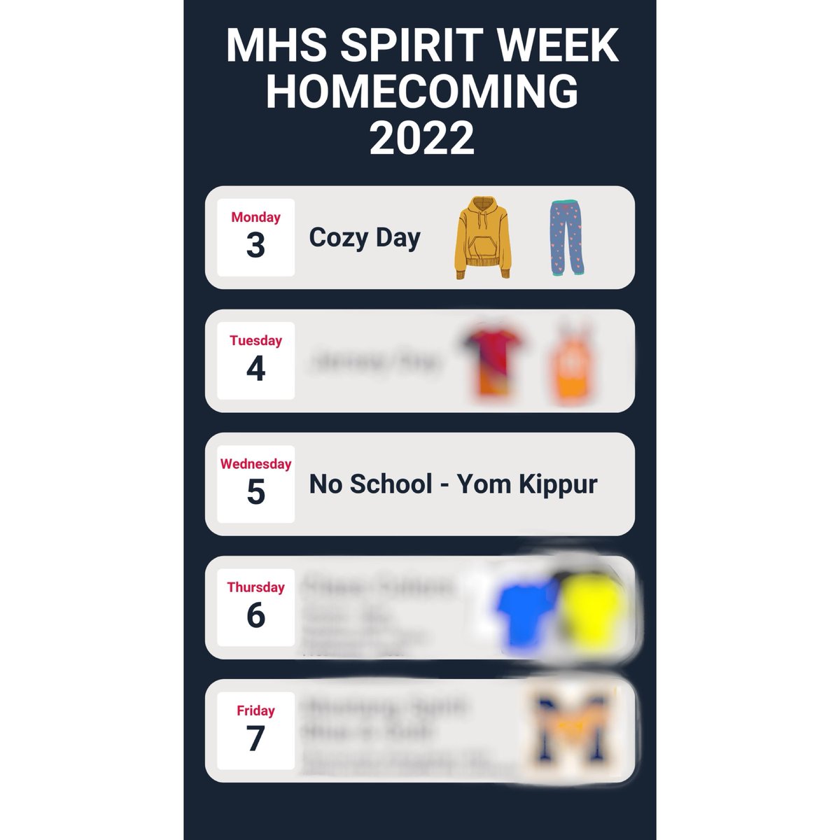 The first day of spirit week is Cozy Day! Dress in comfy sweats for Monday 10/3😊