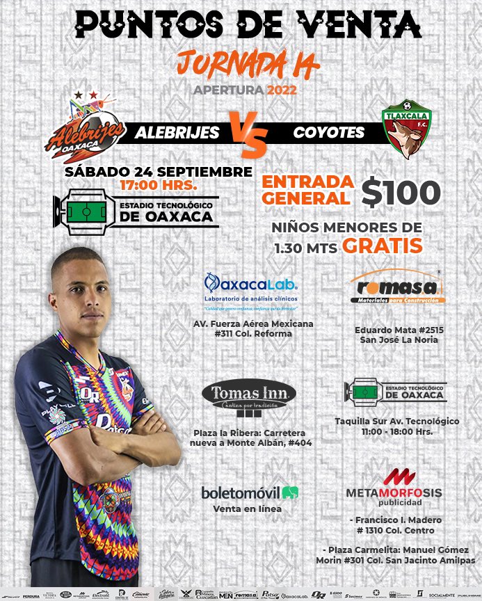 AlebrijesOaxaca's tweet photo. πβ οΈ| Semana de jornada doble estΓ© sΓ‘bado enfrentamos @Coyotes_Oficial adquiere tus boletos
ππππππ ππ πππππ
β
#Oaxacalab
β
@Romasacv
β
#Metamorfosispublicidad
β
#Tomasinnoax
β
@boletomovil
β
#TemploAlebrijeπ
#JuntosXLaT3rceraβοΈβοΈπ https://t.co/83BFlKgT0C
