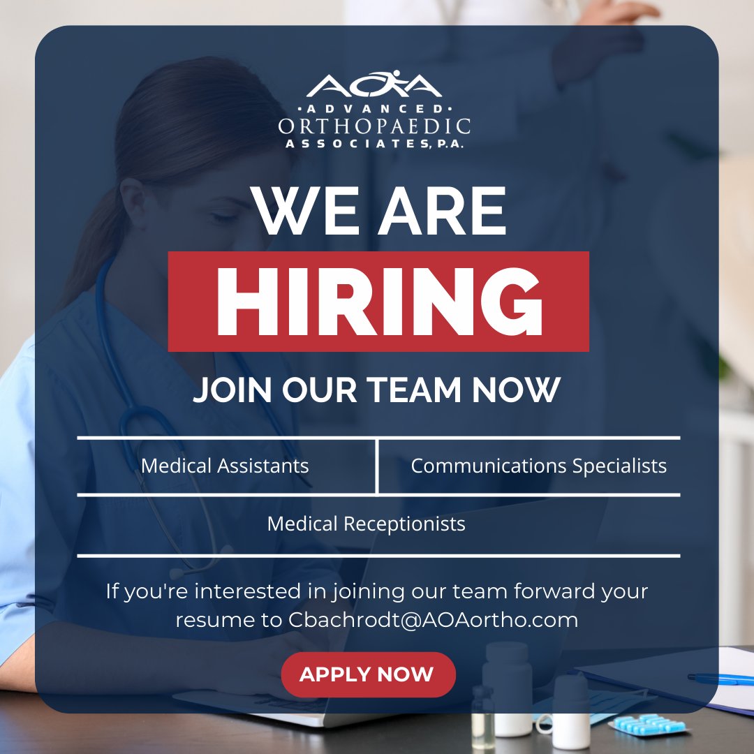 WE'RE HIRING! Send your resume to CBachrodt@AOAortho.com. We look forward to hearing from you!