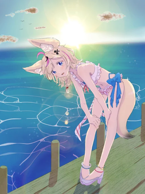 もに線画に色塗ってみた海は自作使い回し  