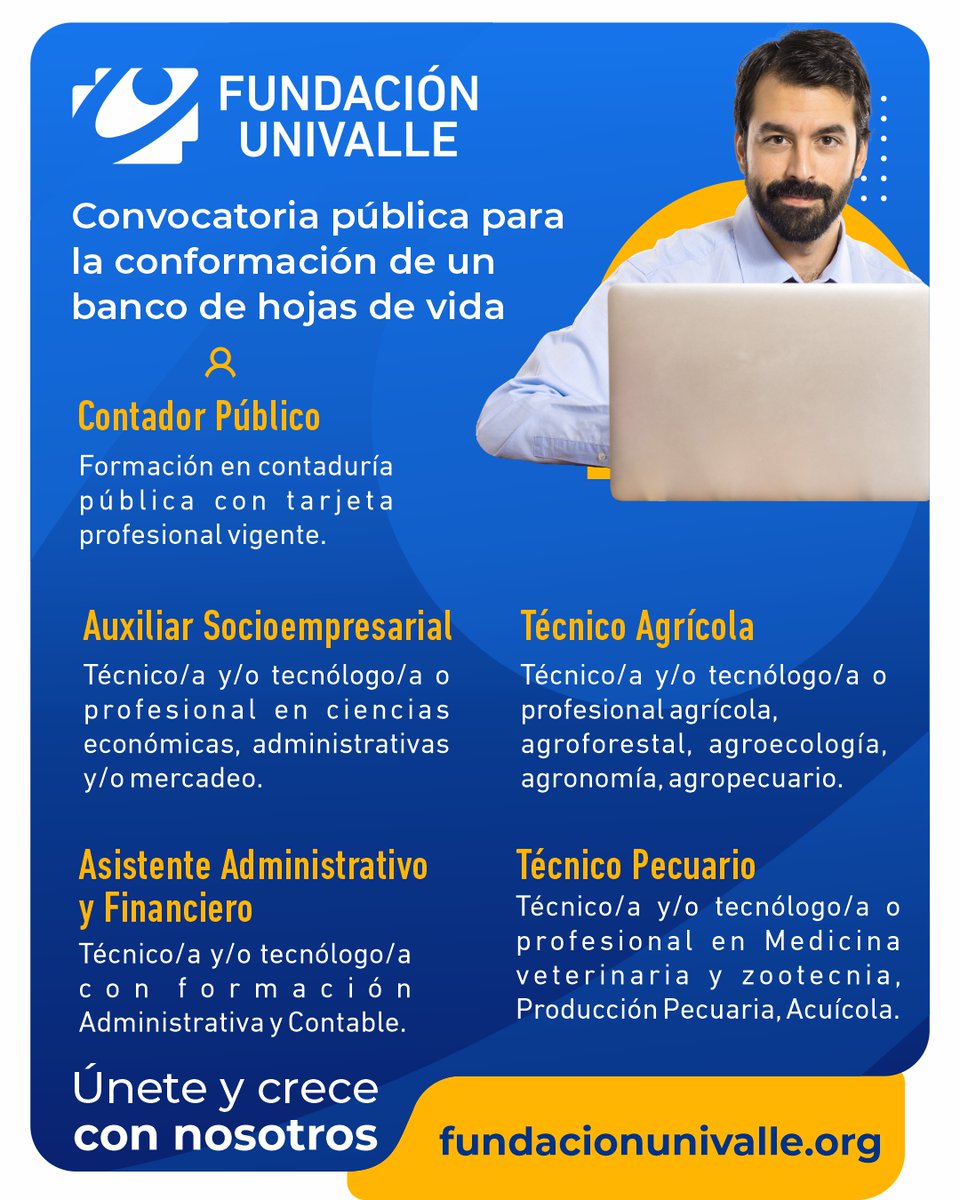 CONVOCATORIA CONFORMACIÓN BANCO DE HOJAS DE VIDA
Si estás interesado/a 
INSCRÍBETE 👇🏻
fundacionunivalle.com/convocatoria-p…
En Fundación Univalle,
 #ProyectamosFuturo #Empleo #Trabajo