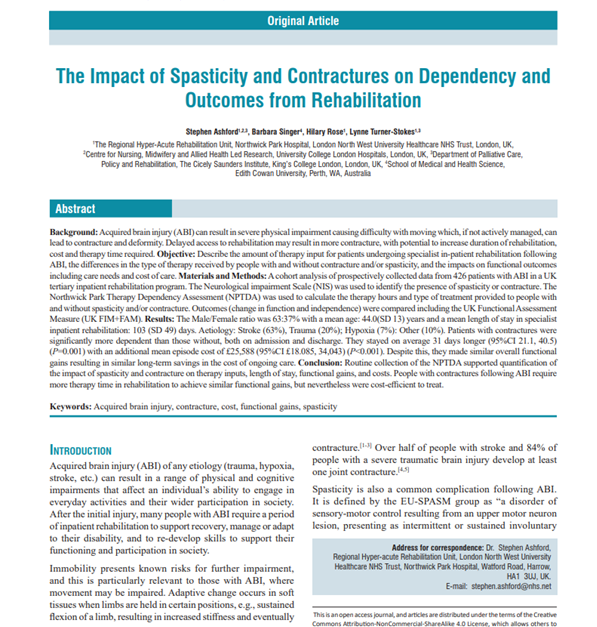 Spasticity &amp; Contractures jisprm.org/temp/IntJPhysR…
People with contractures following acquired brain injury require more therapy time in rehabilitation to achieve similar functional gains, but treatment was cost-effective.