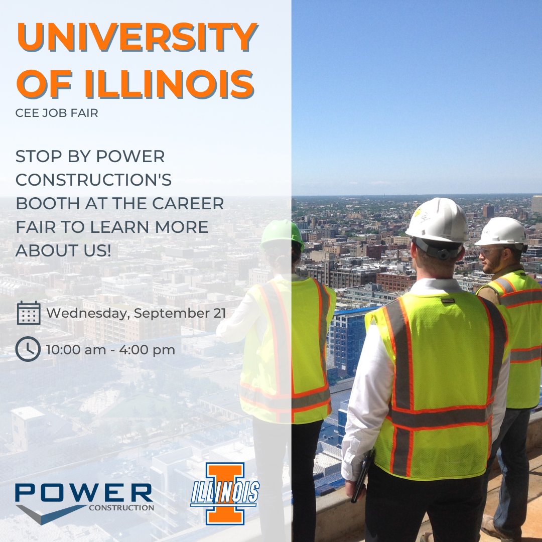Power_Construct's tweet photo. 📣I-L-L 📣I-N-I
Come see us at the CEE Job Fair tomorrow to talk about #careersinconstruction!
#illini @CEEatIllinois @UniversityofIl
#Poweryourcareer #GrowwithPower #internship https://t.co/zJJo0x6TC0