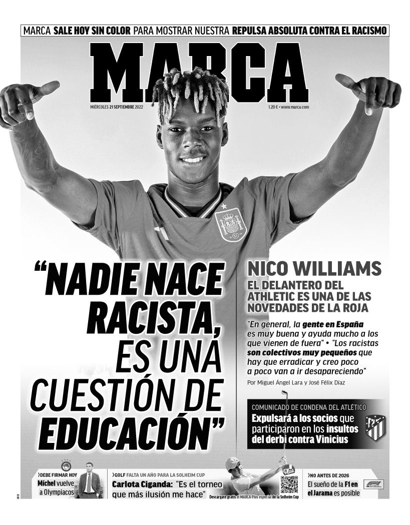 ActuFoot_'s tweet photo. 🗞️ « Personne ne naît raciste, c’est une question d’éducation » 

La Une extrêmement puissante, et sans couleurs, de @marca pour lutter contre le racisme. 👊🏾 https://t.co/EZXCv4xtcM