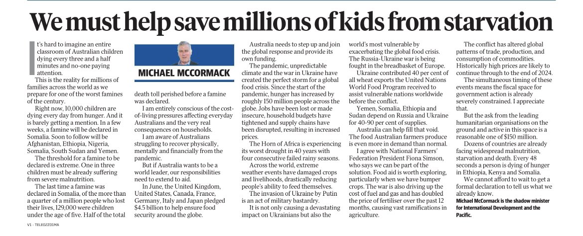 M_McCormackMP's tweet photo. My piece in today’s @dailytelegraph. 10,000 children are dying each day of starvation. Australia must act now. https://t.co/qY8iSpY6NS