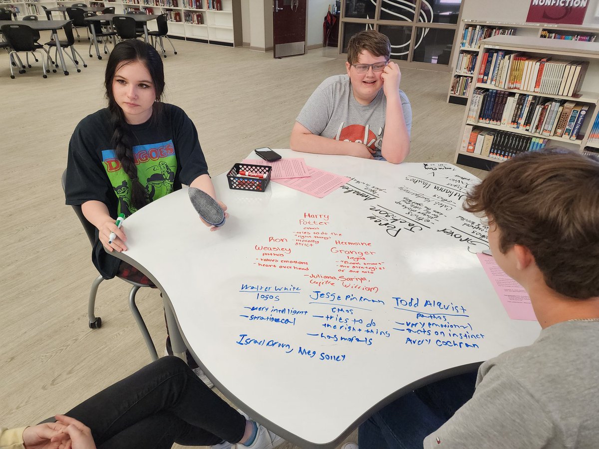 reademandweave's tweet photo. Rhetorical analysis stations in the library today! Everything is more fun with dry erase tables and rolly chairs! #1sparkman @PrinChrisShaw @LeslieSedberry https://t.co/ZRqFCXtMhz