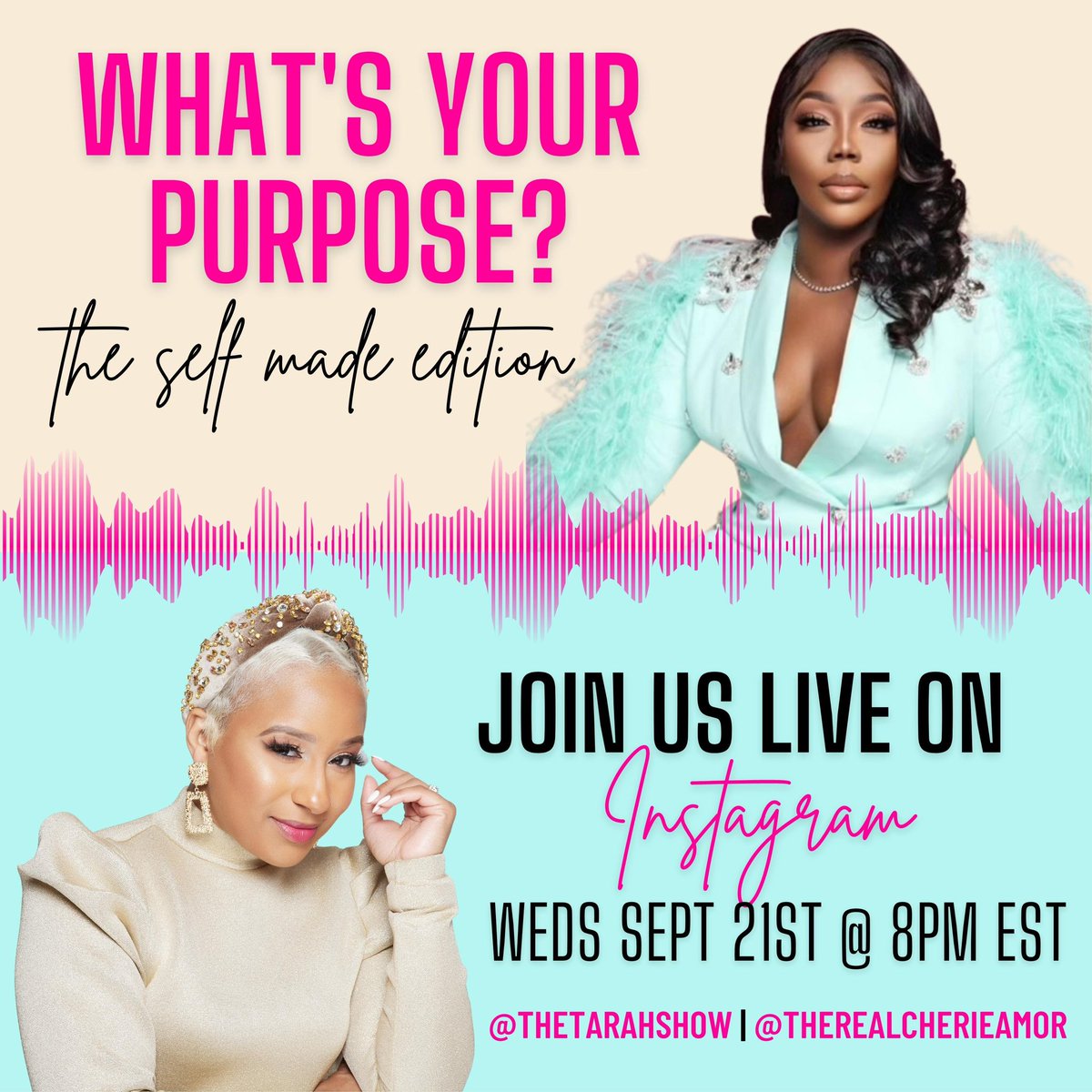 Join us live for the 1st time ever as we discuss the power of purpose and relocating in pursuit of our dreams! We’ll be sharing how we navigate as full time entrepreneurs. Share this with someone you want to see win BIG this quarter🏆 
instagram.com/thetarahshow/