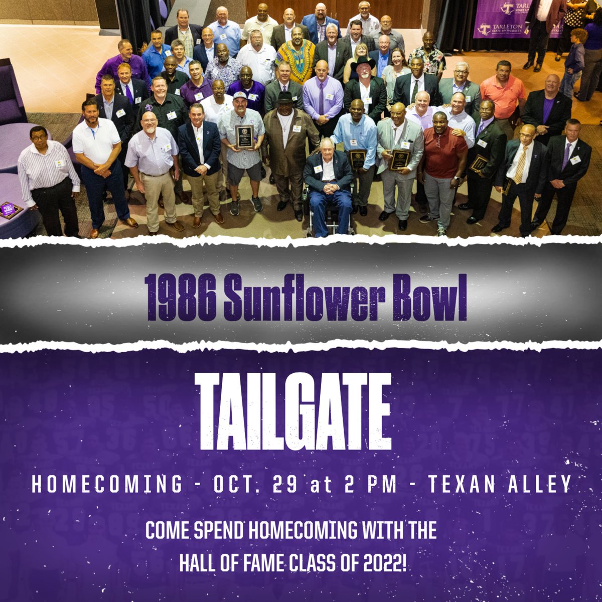 Big announcement for <a href="/TarletonFB/">Tarleton State Football</a> alumni… the Sunflower Bowl HOF Class will be at HC on October 29th! So make sure to stop by and chat with the Sunflower Bowl Champs! 🌻🏆😈 #texannation #bleedpurple