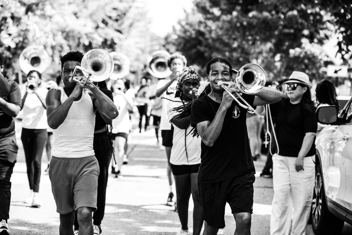 Here's our @EasternMarching Band marching down for the Block Party. These students rehearse regularly on a Saturday to get ready for their performances! Many of their students get full scholarships for college music programs. Hats off to Mr. Perry and Mr. Drayton! @DCPSChancellor