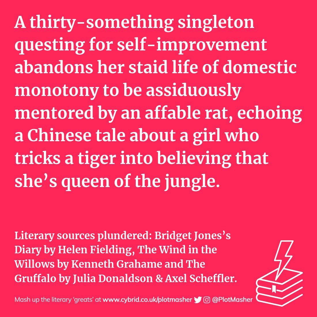 PlotMasher's tweet photo. 📚 I made this splendid literary mashup at @PlotMasher. For #PlotIdeas, #PlotPrompts or #WritersBlock, mashup your own at --> https://t.co/qWbi3pT1II <-- #HelenFielding #KennethGrahame #JuliaDonaldson #AxelScheffler #Mashup #Books #Literature https://t.co/L1eJK96U9o