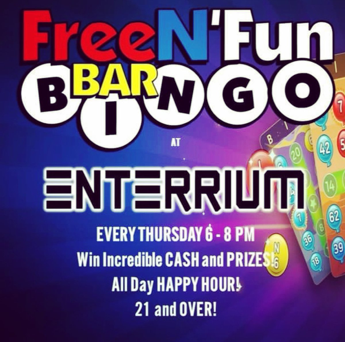 Join us every Thursday for some Free Bingo!! Don’t be late!! #enterrium #freebingo #happyhour
