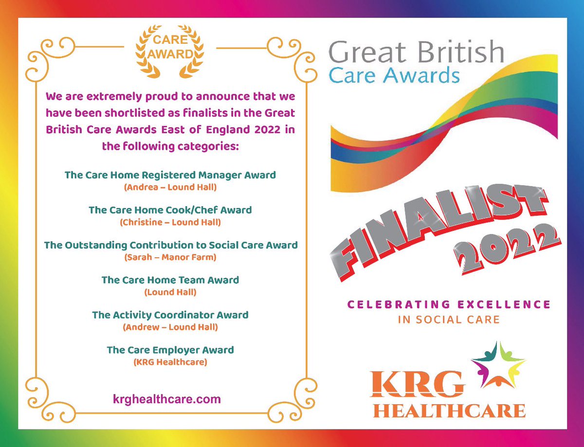 We are extremely humbled, proud and honoured to announce that we are finalists in the Great British Care Awards 2022 in not ONE, TWO…..but SIX categories.This is an incredible recognition for our amazing hardworking team providing compassionate care to our residents.