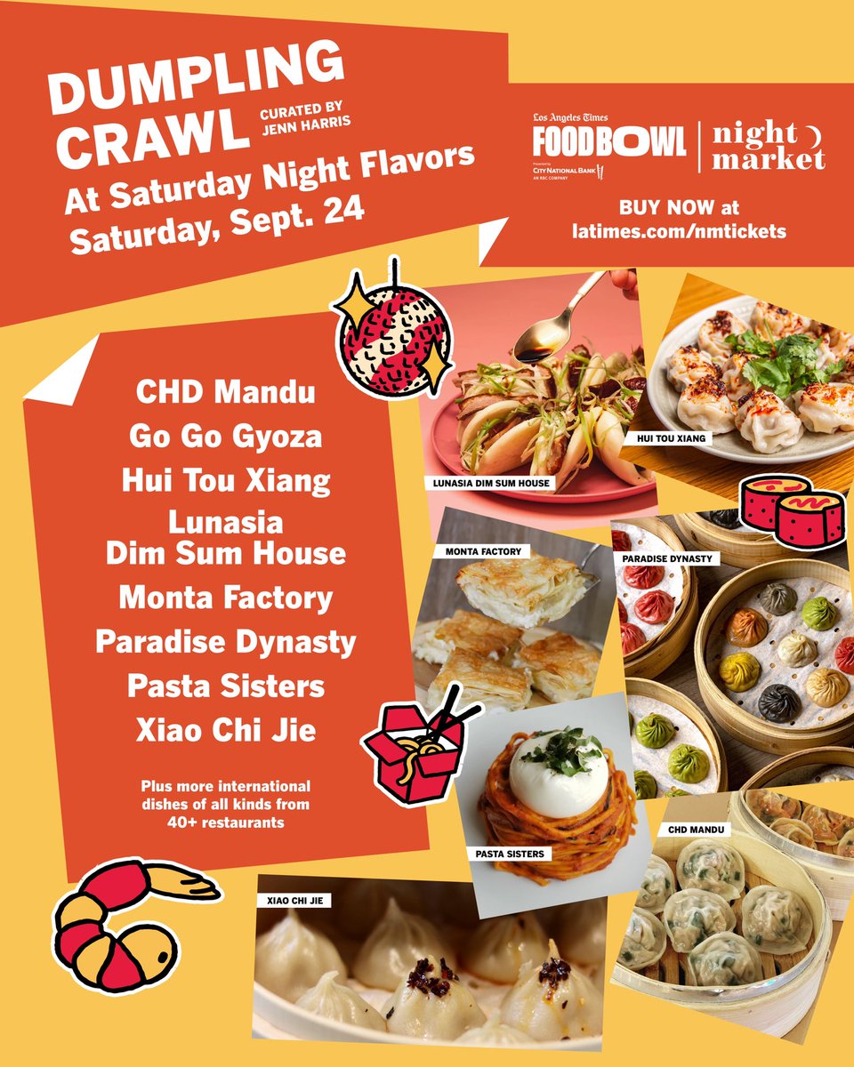 Saturday night, don’t miss the #lafoodbowl Dumpling Crawl, curated by <a href="/latimesfood/">L.A. Times Food</a> columnist <a href="/Jenn_Harris_/">Jenn Harris</a> + inspired by her new series “The Bucket List: Dumplings!"

Featuring some of the best dumplings from across #LA! You do NOT want to miss this. 🥟🥟 latimes.com/nmtickets