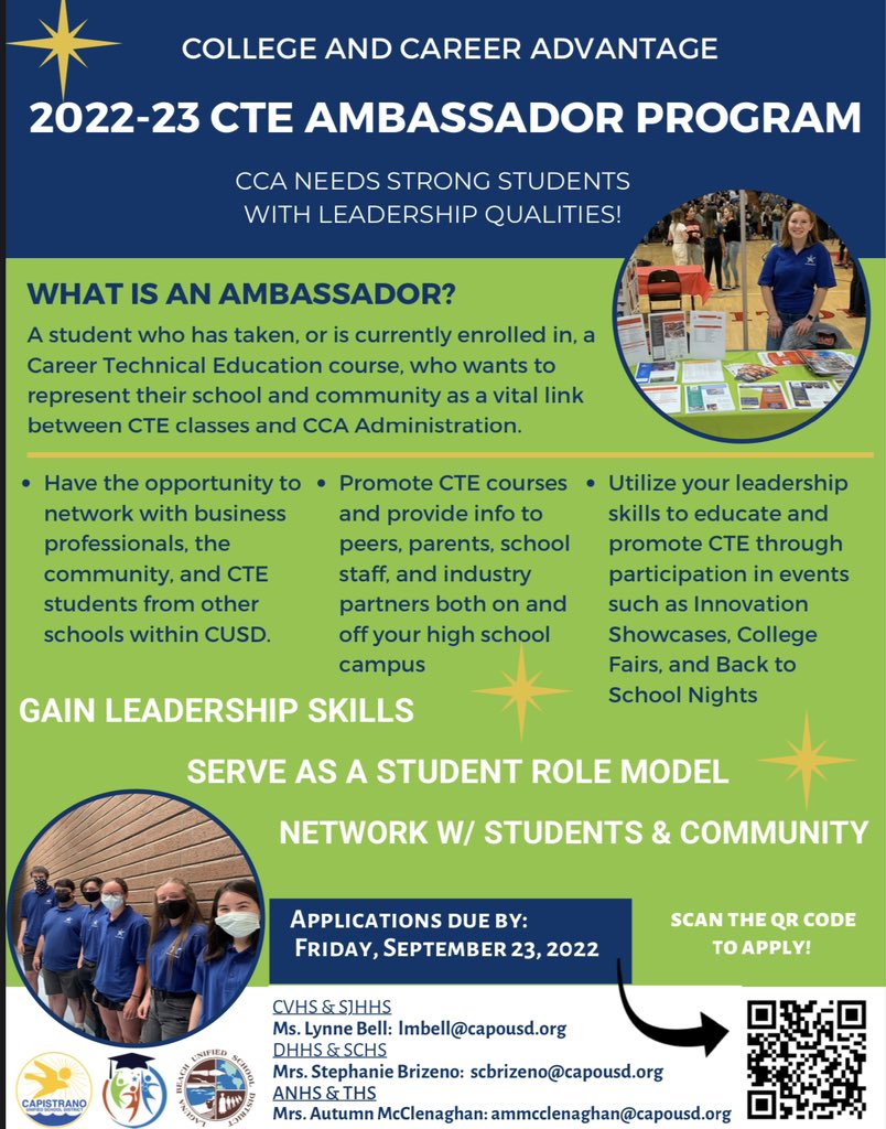 🚨ATTENTION CTE STUDENTS🚨 Looking for a great extracurricular for your résumé? Looking to make friends with similar interests? Become a CTE ambassador! Application deadline is 9/23, don’t miss out! #CTE #skillspaythebills #scholarswithskills @DrWeir <a href="/CapoUnified/">Capistrano Unified</a> <a href="/LagunaBeachUSD/">Laguna Beach USD</a>