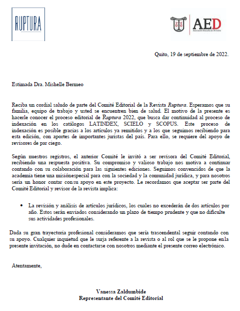 CEVALLOSNOBOA's tweet photo. [#NuestroEquipo]
La abogada Mishelle Bermeo, miembro de nuestro equipo, ha sido invitada a participar como revisora del Comité Editorial de la revista Ruptura, publicación especializada de la @PUCE_Ecuador. Estamos seguros que su participación será de gran aporte para la revista https://t.co/9JCZbqVpRY