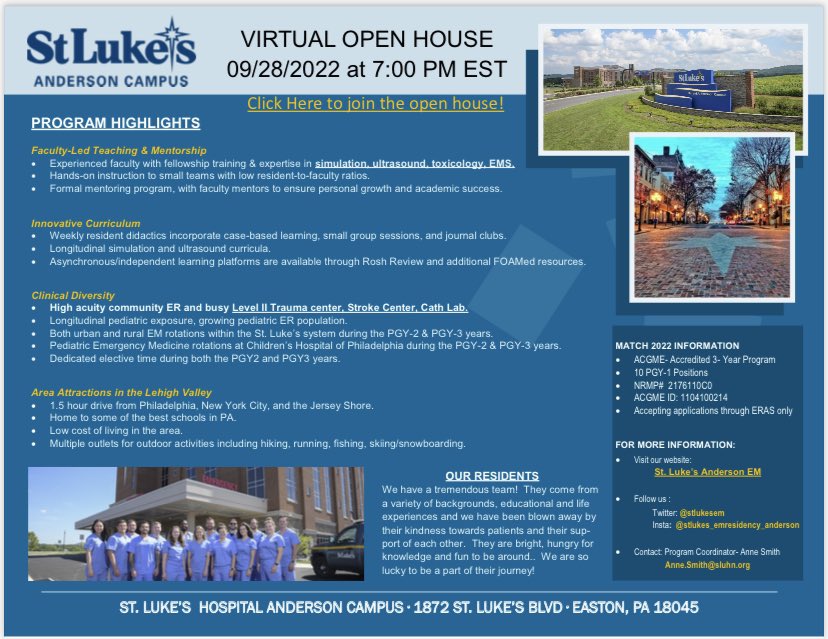 StLukesEM's tweet photo. Come learn about our Program at our virtual open house 9/28/22 at 7pm EST !! https://t.co/VGpLttWMrp