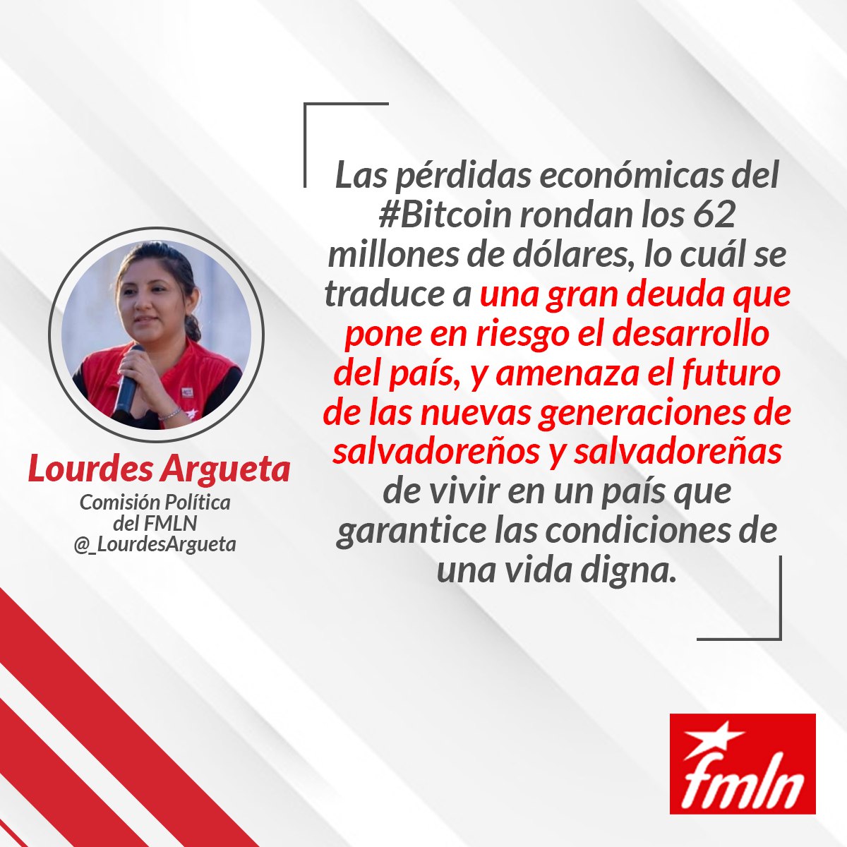 _LourdesArgueta's tweet photo. 📢Como @FMLNoficial, tenemos claridad que los millones de dólares en inversión a la cripto moneda del #Bitcoin representa pérdidas para la economía de nuestro país.
El oficialismo puede enmendar su error en este juego de azar con la derogación de la Ley Bitcoin.
 #NoAlBitcoin👇🏻 https://t.co/ZT8R3lTxuL