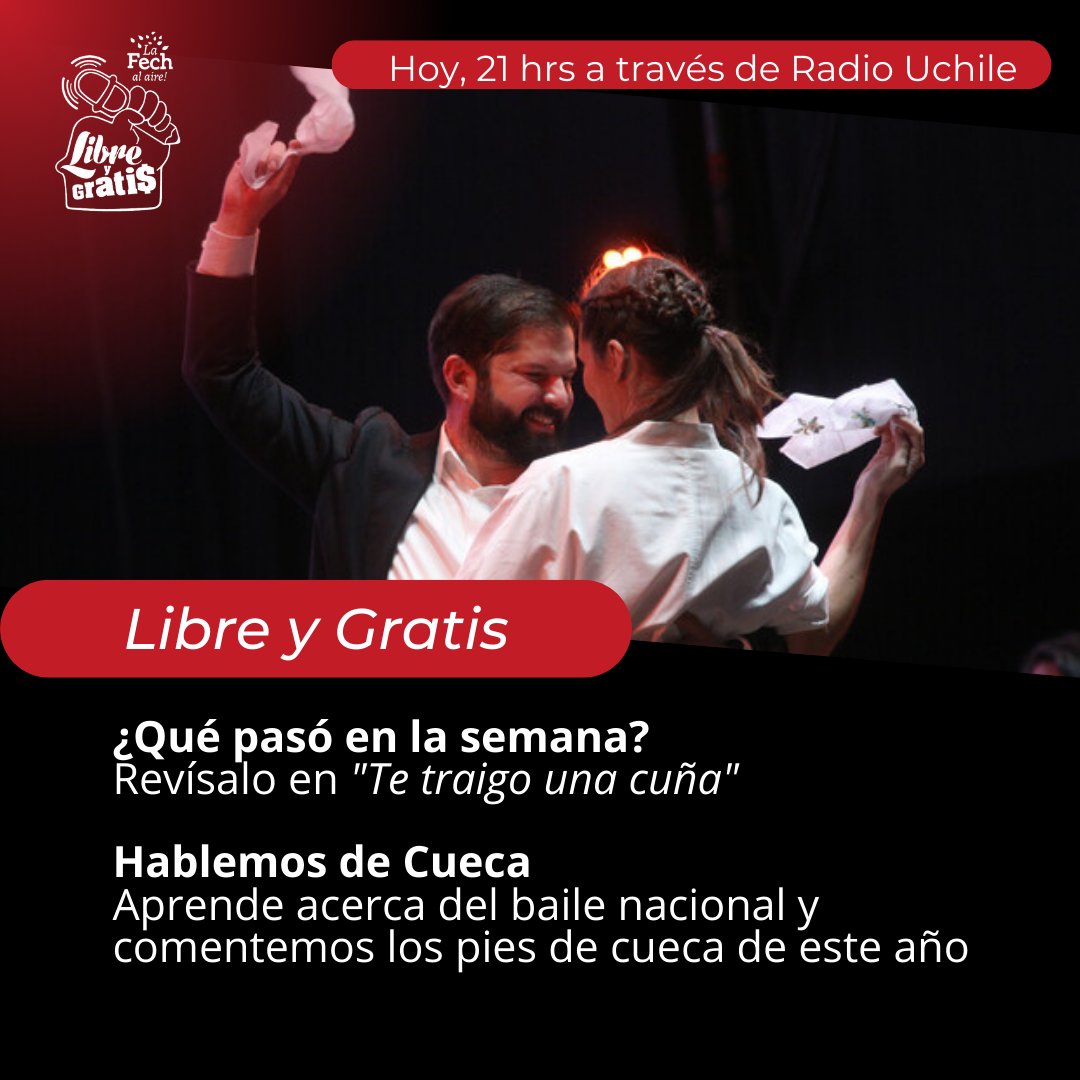 ¡Únete a nosotros en este nuevo programa, edición post 18!
Infórmate de actualidad con #TeTraigoUnaCuña y aprende junto a nosotros y nuestro segundo bloque acerca de la cueca.

¡Acompáñanos a las 21 hrs a través de 
<a href="/uchileradio/">Radio Universidad de Chile</a>!
#ParadaMilitar2022 #ParadaMilitar #Boric
