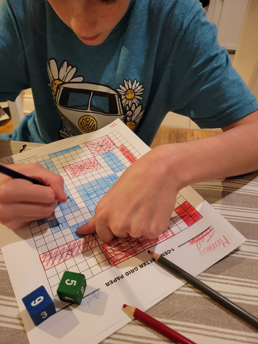 After dinner math...
Roll the dice. Find the product. Draw ANY rectangle with that product. Keep the Blockus rules of having to share a corner with an area of your color (not an edge). Can't fit a rectangle?  Strike. 3 strikes you are out.  Biggest total area wins.  #mathgames