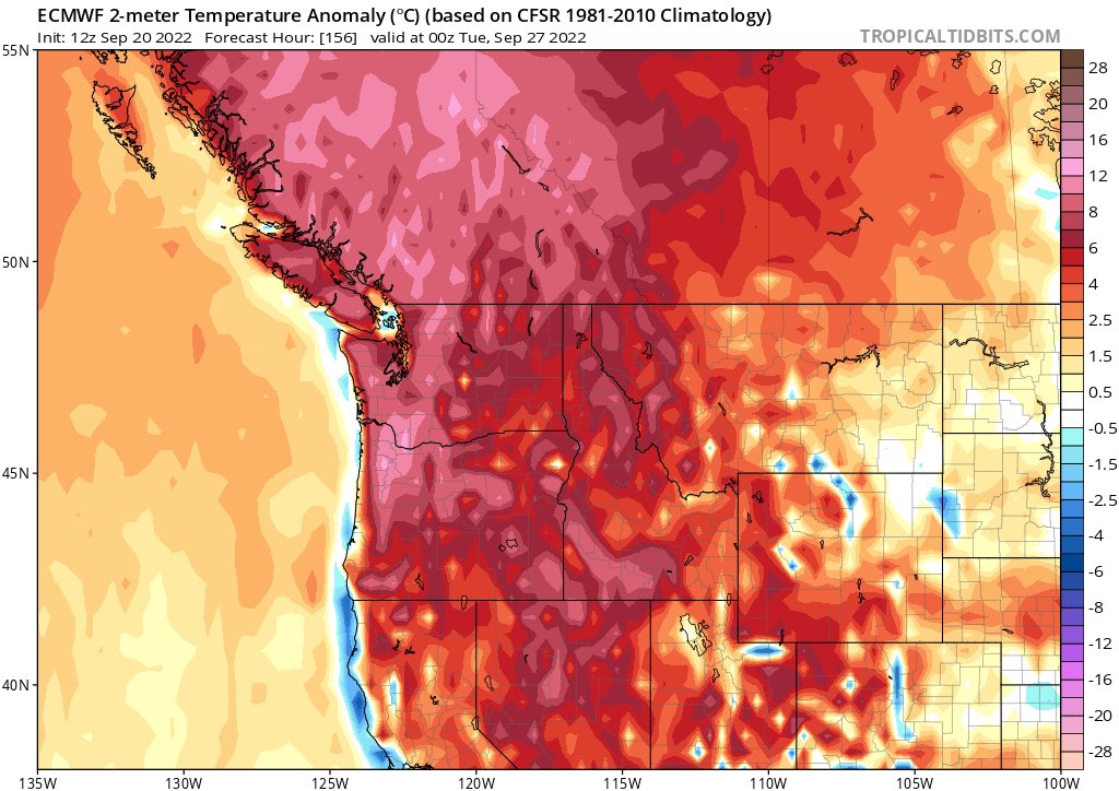 More dry and #warm weather expected into next week out #west as another ridge moves in. 
#BCStorm #BCHeat #PNW #SummerinSeptember #Weather