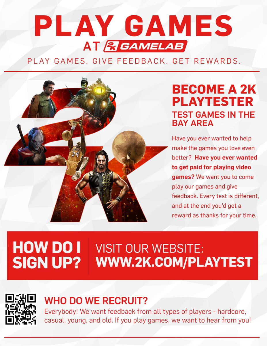 Bay Areaaaaa, Lonnndon, Ballllltimore 📢

Become a 2K Playtester: Play our games, give feedback, get paid, get rewarded. Simple!

🔞 18 years or older
📍 2K GAMELAB at various locations

✍️ Sign up now
2kgam.es/3BrG6FU