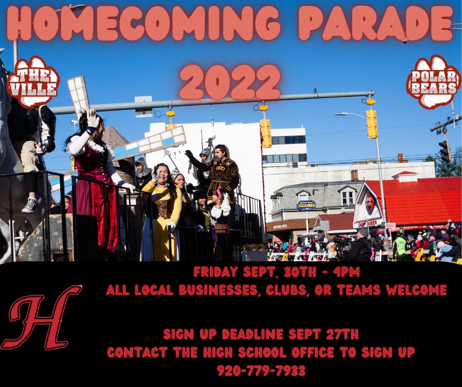 HortonvilleSD's tweet photo. Interested in having your business, club or team in the Homecoming Parade? Sign up by September 27th! 🎈 https://t.co/VHE8aYhfnz