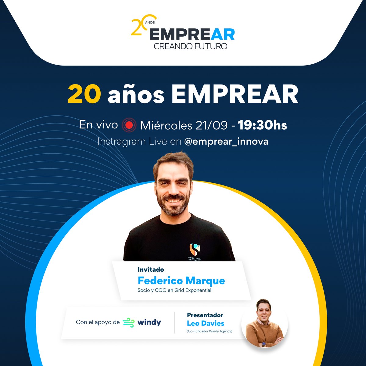 ¡VIVO EN INSTAGRAM! Mañana nos encontramos con <a href="/federicomarque/">Federico Marque</a> para hablar sobre cómo fue su paso por nuestra ONG, sobre los proyectos en los que está actualmente y la visión a futuro que tiene sobre el campo emprendedor. #20AñosEMPREAR #Iinstagramlive #emprendedoresargentinos
