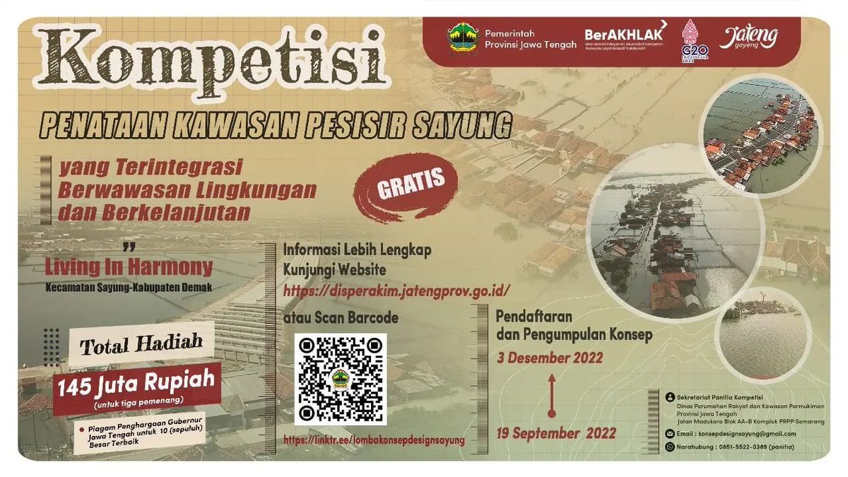 dkpjateng's tweet photo. Kuy #koncolaut, ikuti &amp; ramaikan kompetisi Penataan Kawasan Pesisir Sayung, Kabupaten Demak.
Berhadiah total Rp 145 Juta untuk 3 pemenang lhoo. GRATIISSS! https://t.co/bUPuYbiIZy