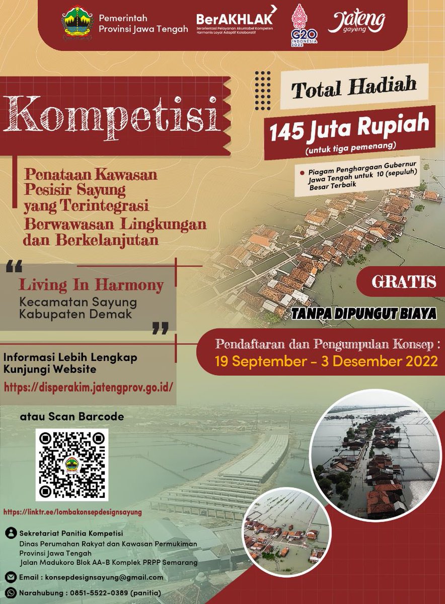 dkpjateng's tweet photo. Kuy #koncolaut, ikuti &amp; ramaikan kompetisi Penataan Kawasan Pesisir Sayung, Kabupaten Demak.
Berhadiah total Rp 145 Juta untuk 3 pemenang lhoo. GRATIISSS! https://t.co/bUPuYbiIZy