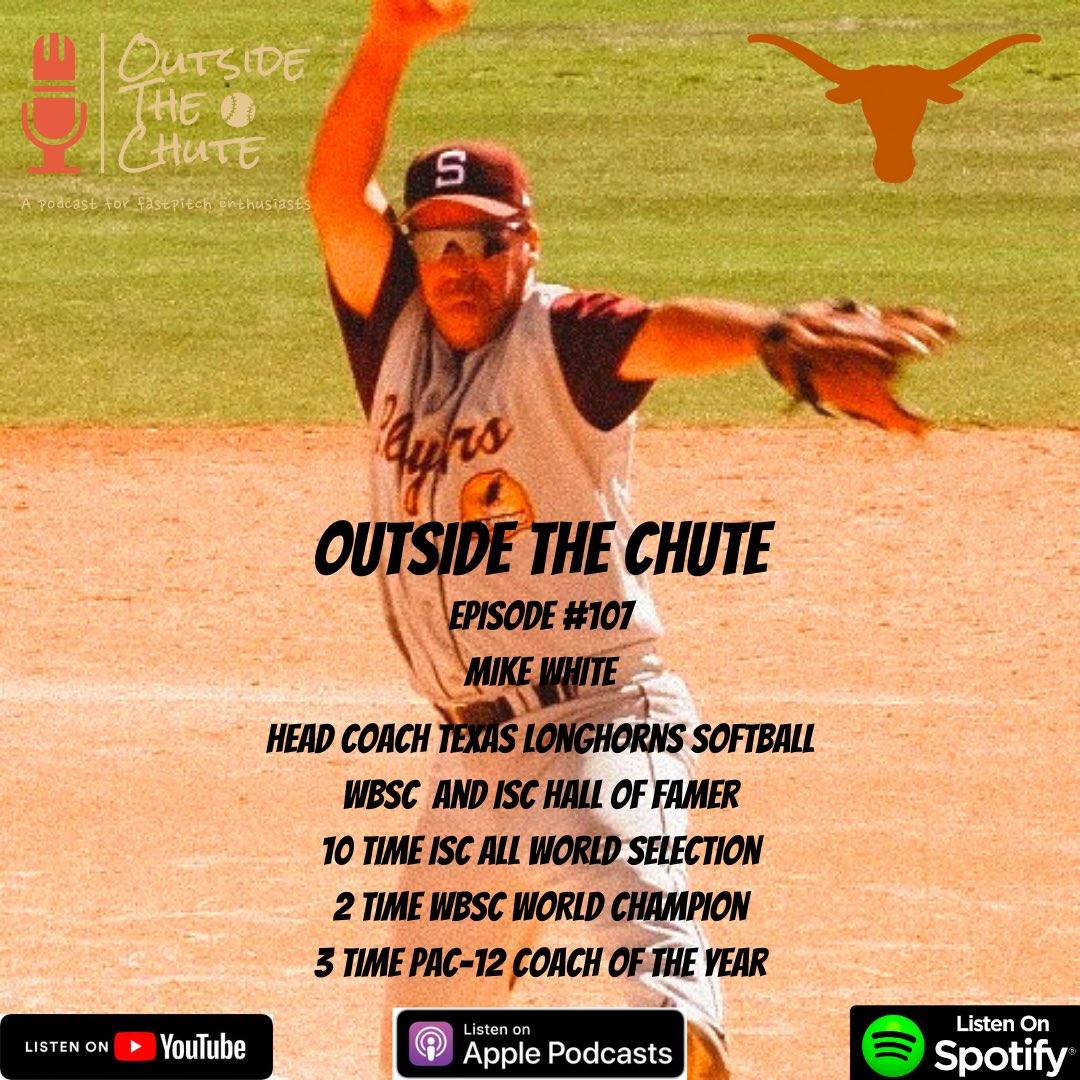 outsidethechute's tweet photo. 🚨 EPISODE ANNOUNCEMENT 🚨 
Oh baby we have a big one!
Tune in this Monday as we sat down and chatted with @WBSC and @ISCFastpitch Hall of Famer and @TexasSoftball Head Coach, the legendary, @TexasCoachWhite #HookEm https://t.co/NXPnYpmSBZ