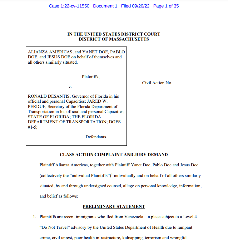 TODAY, <a href="/LCRBOSTON/">Lawyers for Civil Rights</a> filed a lawsuit, with <a href="/ALIANZAAMERICAS/">ALIANZA AMERICAS</a> as a plaintiff, that seeks to hold <a href="/GovRonDeSantis/">Ron DeSantis</a> &amp; the State of Florida accountable for deliberately tricking a group of nearly 50 people to board a plane from San Antonio, TX, to Martha’s Vineyard bit.ly/DeSantisCompla…